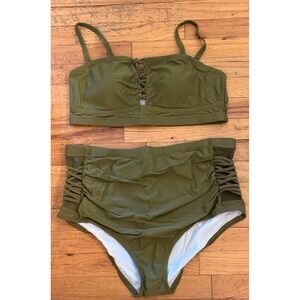 YOMOKO Olive Green Bikini Top with Clasp Hook Closure And Bottoms- Womens 2x